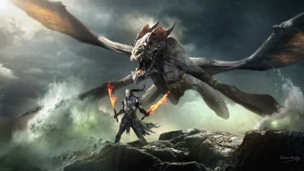 Dark fantasy HD desktop wallpaper depicting a fierce warrior wielding flaming swords facing a menacing dragon amid a stormy, turbulent landscape.