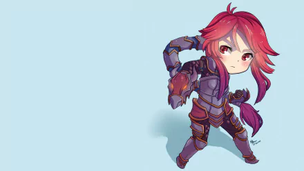 Chibi Shyvana (League of Legends) in purple armor with red hair and a mighty gauntlet on a pale blue field — League of Legends video game HD PC desktop wallpaper/background.