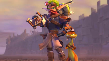 HD PC desktop wallpaper featuring characters Jak and Daxter from the video game Jak 3, set against a desert-like landscape with a muted purple sky.