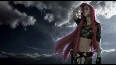 A woman cosplaying as Katarina from League of Legends poses dramatically against a stormy sky in this HD desktop wallpaper and background.