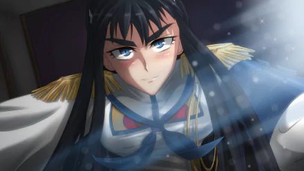 Satsuki Kiryūin (Kill La Kill) anime HD PC desktop wallpaper: close-up of her stern face, long black hair, blue sailor-style uniform with gold epaulets, dramatic light rays and confident expression.