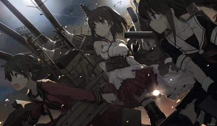 Anime-themed HD desktop wallpaper featuring characters from Kantai Collection, set against a dramatic backdrop of battleships and dynamic action.