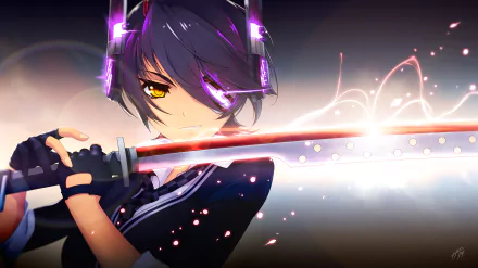 A striking HD wallpaper featuring Tenryuu from Kantai Collection, showcasing her with yellow eyes and a sword, enhanced by vibrant colors and dynamic lighting effects.