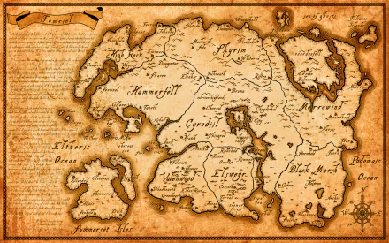 Detailed map of Tamriel from the video game The Elder Scrolls V: Skyrim, featuring various regions and notable locations, set against a parchment-style background.