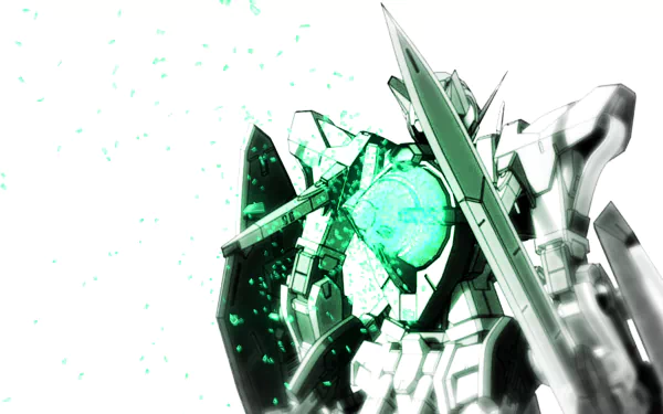 A striking HD wallpaper featuring GN-001 Gundam Exia from the anime series, showcasing intricate details and vibrant green energy bursts against a minimalist background.