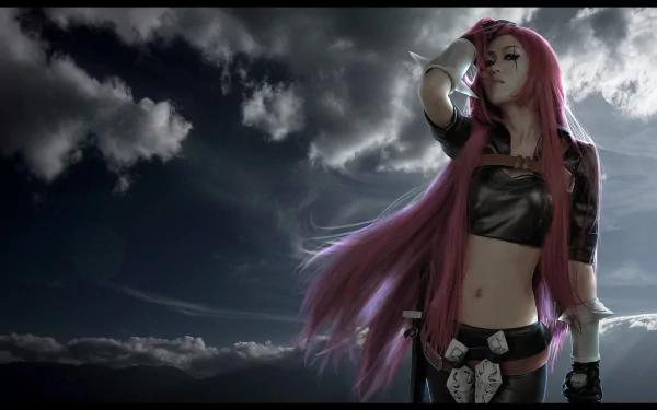 A woman cosplaying as Katarina from League of Legends poses dramatically against a stormy sky in this HD desktop wallpaper and background.