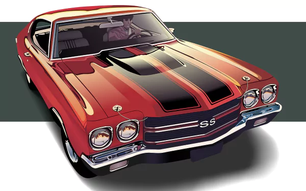 A vibrant Chevrolet Chevelle SS in striking red with black stripes, showcasing classic muscle car design, set against a sleek background. Perfect for automotive enthusiasts.
