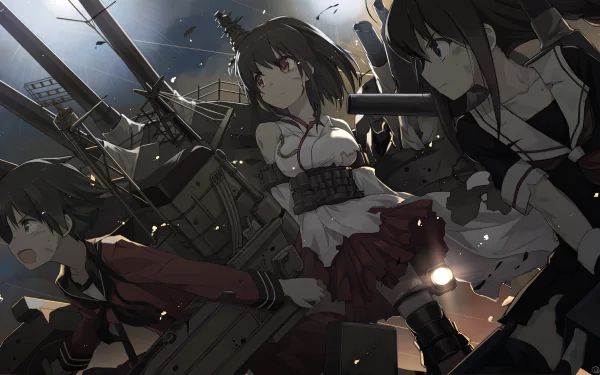 Anime-themed HD desktop wallpaper featuring characters from Kantai Collection, set against a dramatic backdrop of battleships and dynamic action.