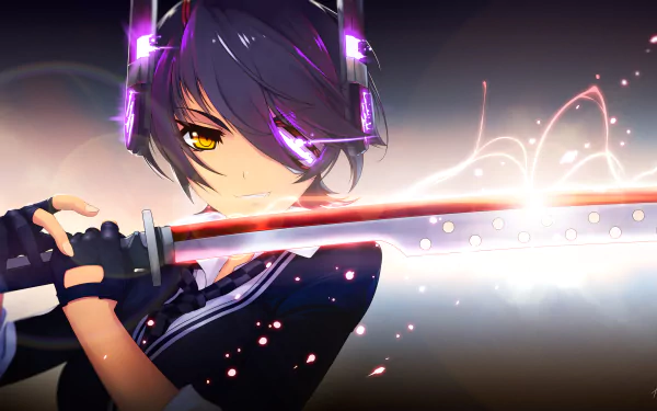 A striking HD wallpaper featuring Tenryuu from Kantai Collection, showcasing her with yellow eyes and a sword, enhanced by vibrant colors and dynamic lighting effects.