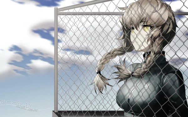 Suzuha Amane from Steins;Gate gazes through a fence against a backdrop of clouds, creating a striking HD wallpaper for fans of the anime.
