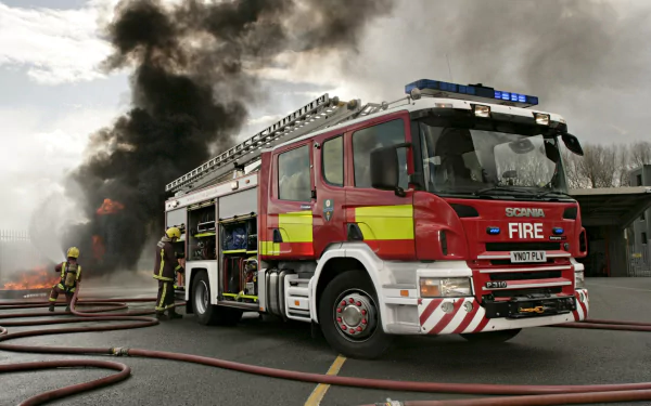 HD PC desktop wallpaper/background of a vehicle — a red Scania fire truck on wet tarmac with hoses and firefighters battling a smoky blaze.