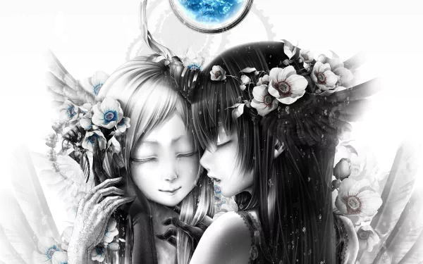 A captivating black and white anime illustration by Buono Satochi, featuring two ethereal figures adorned with flowers, set against a mystical background with a glowing moon.