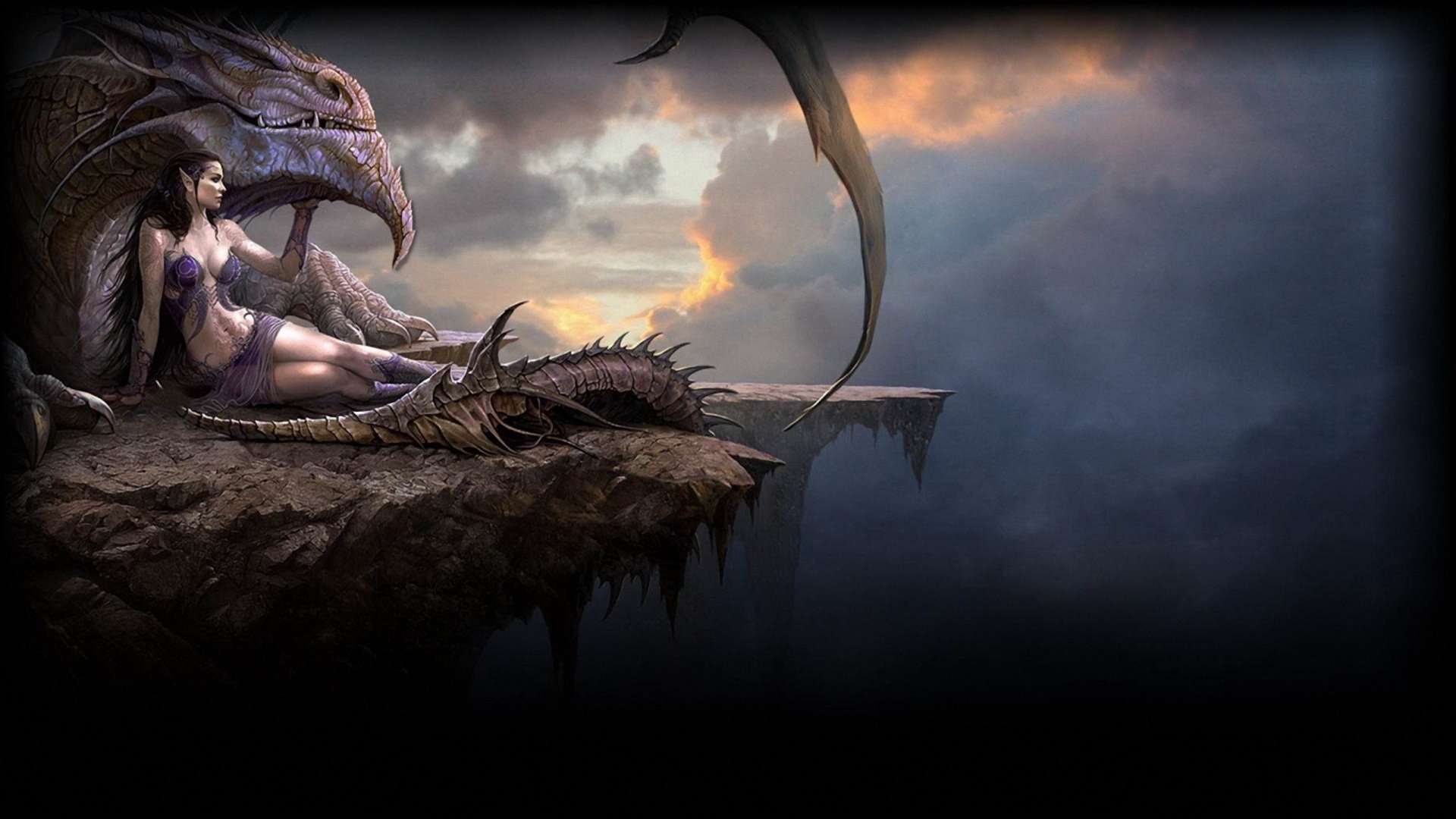 A fantasy scene featuring a woman resting beside a dragon on a cliff, under a dramatic sky. This HD image serves as a captivating desktop wallpaper and background.
