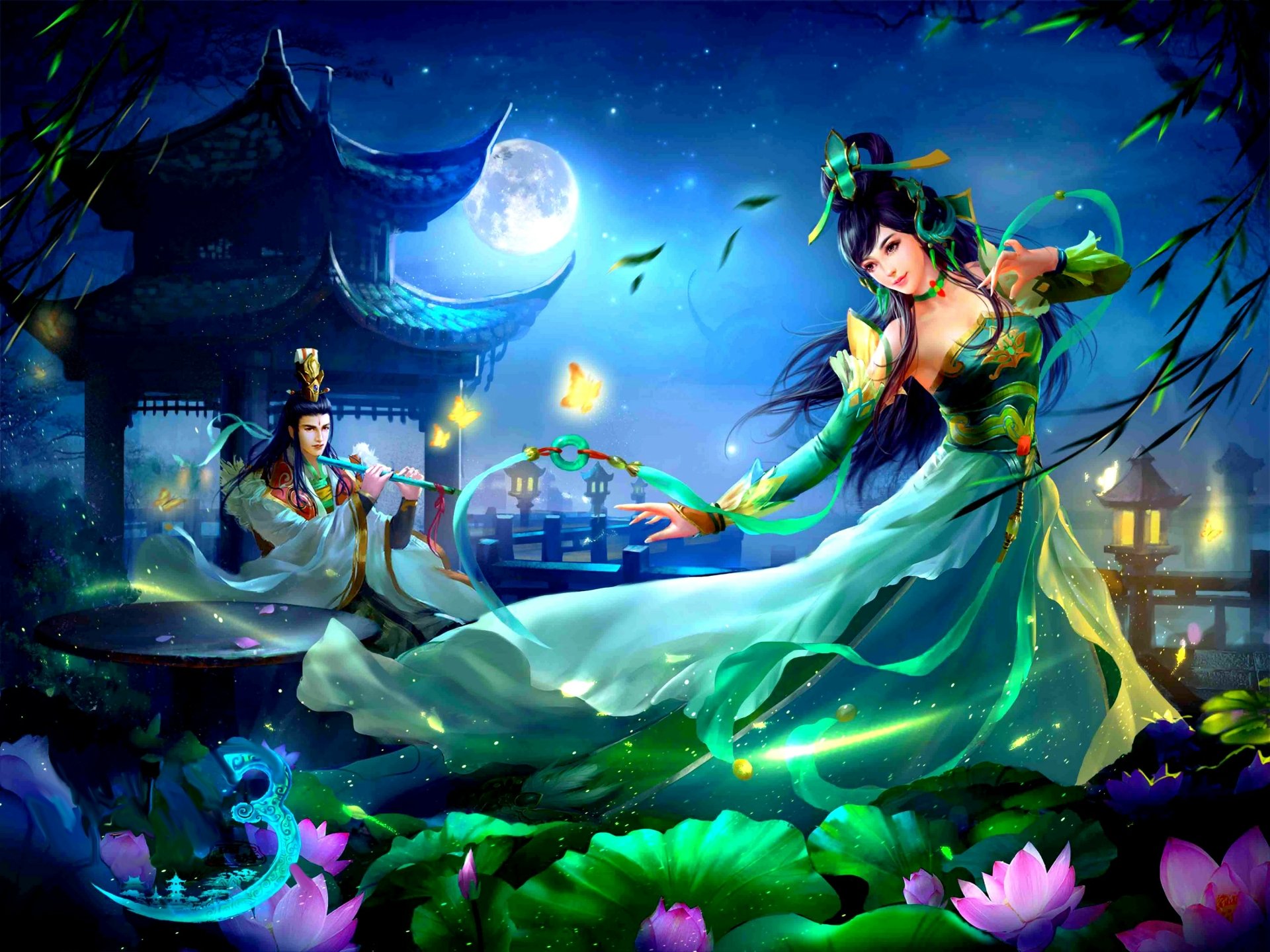 A enchanting scene featuring a graceful dancer in flowing garments, performing amidst lotus flowers and a serene pagoda, accompanied by a flutist under a glowing moon in a fantasy setting.