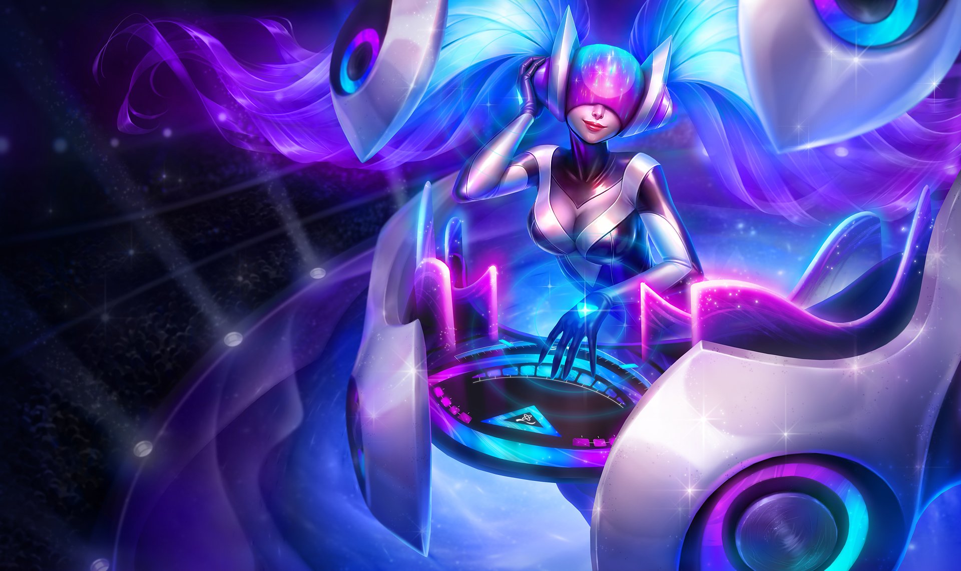 DJ Sona from League of Legends is depicted as a vibrant DJ, blending music and energy in a dynamic, HD wallpaper design, showcasing her unique style and captivating presence.