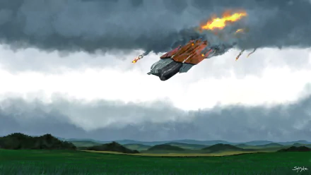 HD Sci-Fi desktop wallpaper showing a spaceship engulfed in flames and smoke, crashing over a green landscape beneath a stormy sky with explosions in the background.