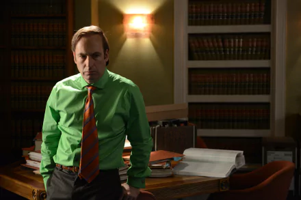 HD desktop wallpaper featuring Saul Goodman from Breaking Bad, portrayed by Bob Odenkirk, in a professional setting with a bookshelf background.