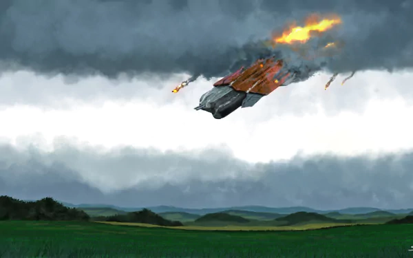HD Sci-Fi desktop wallpaper showing a spaceship engulfed in flames and smoke, crashing over a green landscape beneath a stormy sky with explosions in the background.