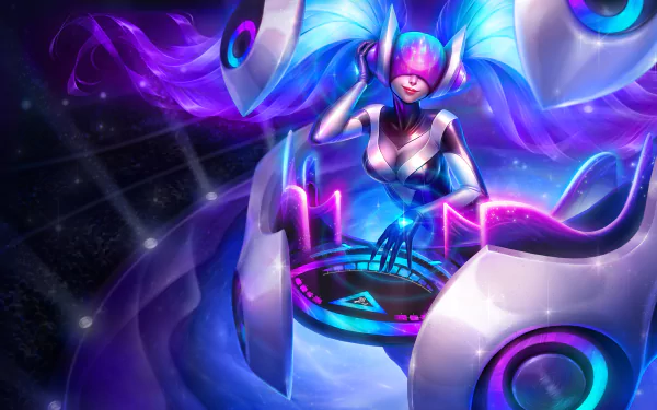 DJ Sona from League of Legends is depicted as a vibrant DJ, blending music and energy in a dynamic, HD wallpaper design, showcasing her unique style and captivating presence.
