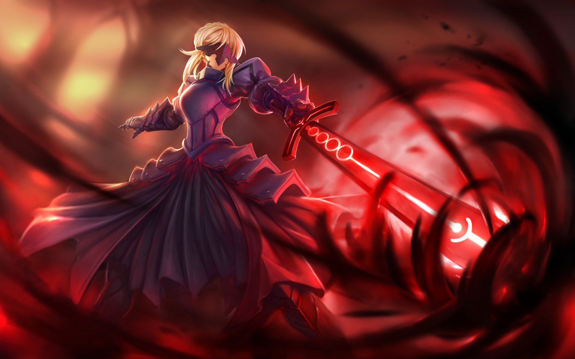 HD desktop wallpaper featuring Saber Alter from the Fate Series, showcasing her in a dramatic pose wielding a sword against a swirling red backdrop.
