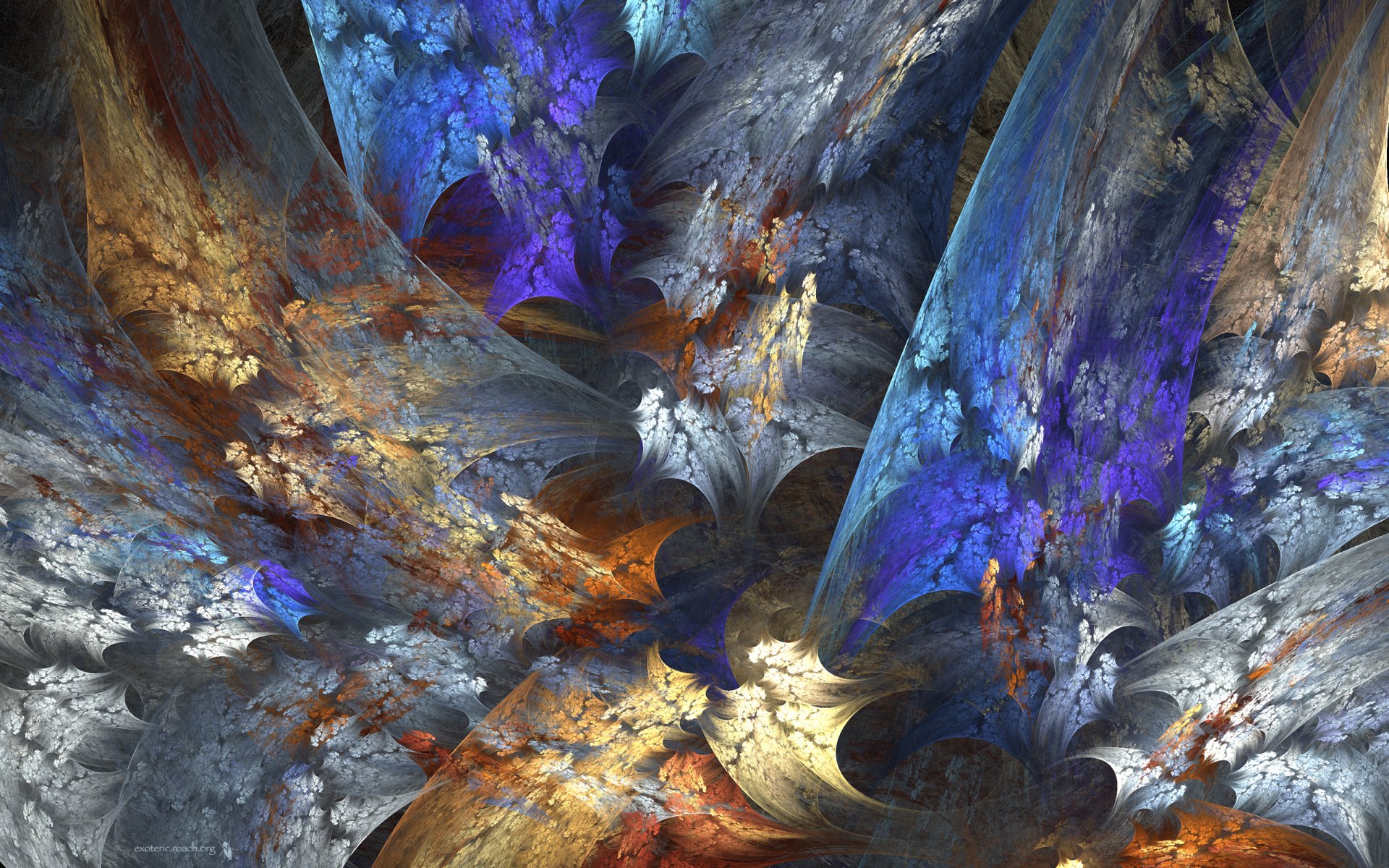 An artistic abstract image featuring vibrant swirls of blue, orange, and gray, creating a dynamic and captivating HD PC desktop wallpaper and background.