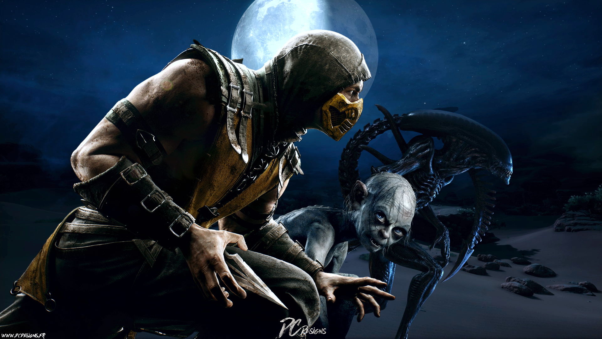HD PC desktop wallpaper featuring a dramatic movie crossover scene with a masked warrior facing an alien creature under a full moon.