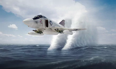 A McDonnell Douglas F-4 Phantom II flies low over the ocean, creating a dramatic spray of water. This HD image serves as an eye-catching desktop wallpaper.