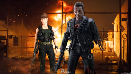 HD desktop wallpaper featuring Hot Toys figures of Sarah Connor (Linda Hamilton) and The Terminator (Arnold Schwarzenegger) from Terminator 2: Judgment Day.