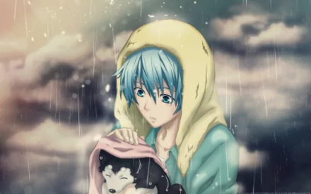 HD wallpaper featuring Tetsuya Kuroko from Kuroko's Basketball, shown in rainy weather with a puppy wrapped in a pink blanket. The serene and emotional setting makes for a visually engaging desktop background.