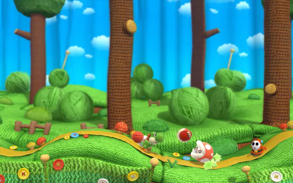 HD desktop wallpaper from Yoshi's Woolly World featuring a vibrant, yarn-themed landscape with characters and trees.