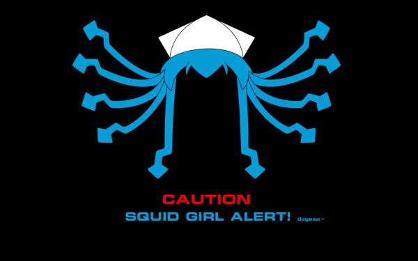 HD PC desktop wallpaper featuring a stylized blue squid girl silhouette with tentacles and text CAUTION SQUID GIRL ALERT! referencing Ika Musume from the anime Squid Girl.