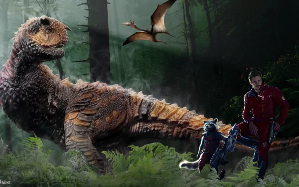 Peter Quill and Rocket Raccoon from Guardians of the Galaxy encounter a dinosaur in a Jurassic World crossover, set in a lush, prehistoric forest.