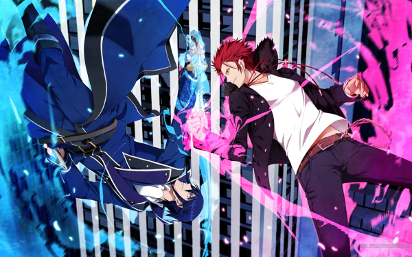 HD wallpaper featuring Mikoto Suoh and Reisi Munakata from K Project in a dynamic battle pose with vibrant blue and pink effects.