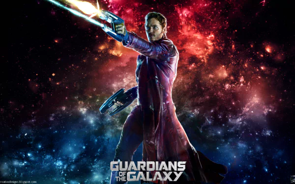 HD desktop wallpaper of Peter Quill as Star-Lord from the movie Guardians of the Galaxy, featuring a vibrant cosmic background with him pointing a blaster and the movie title at the bottom.