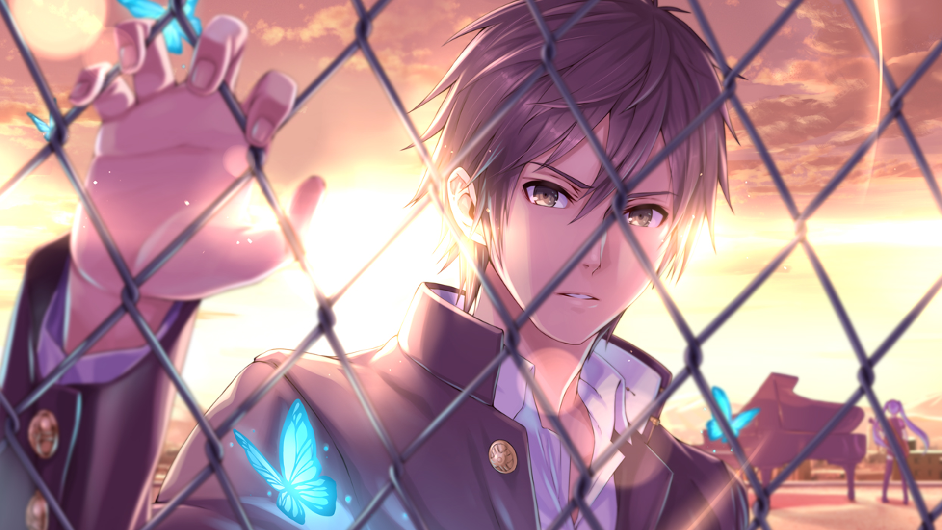 Anime-inspired HD desktop wallpaper featuring a young man with a serious expression, reaching through a chain-link fence, illuminated by a vibrant sunset and surrounded by butterflies.