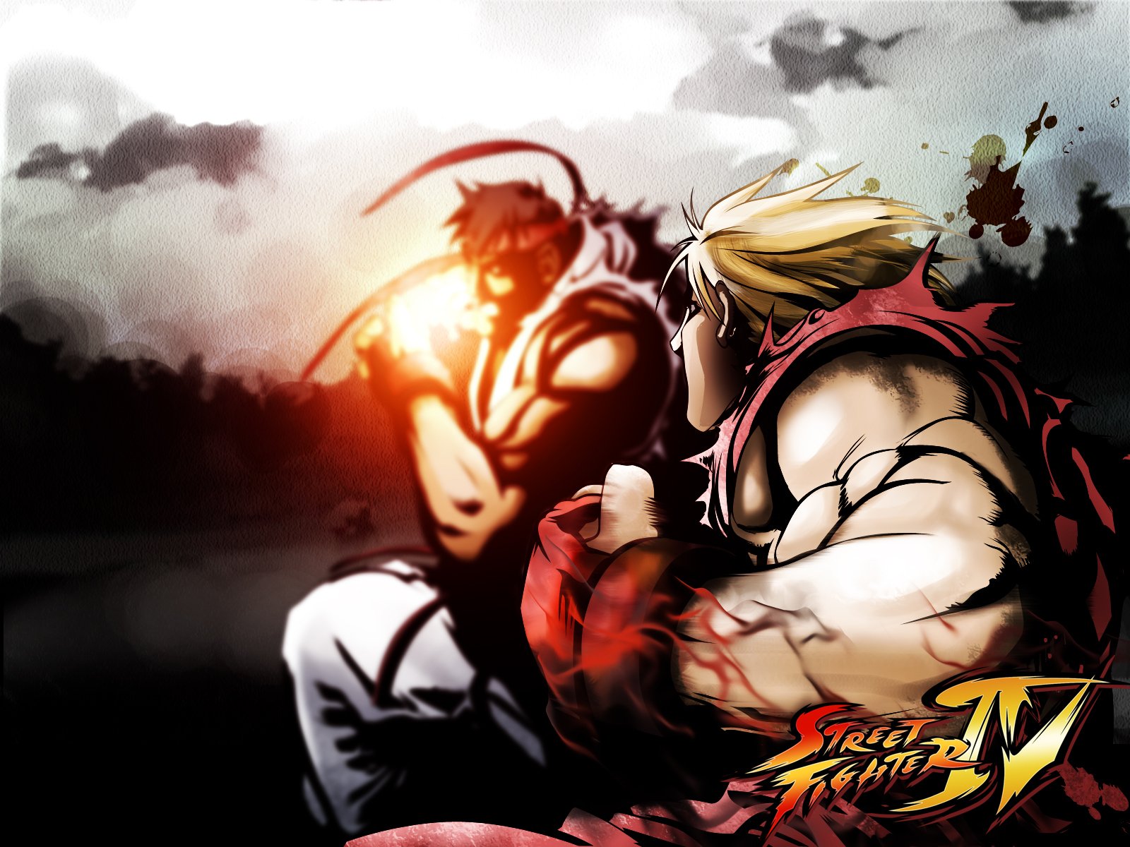 HD Street Fighter video game wallpaper featuring two characters in a dramatic confrontation, with intense colors and dynamic action in the background.