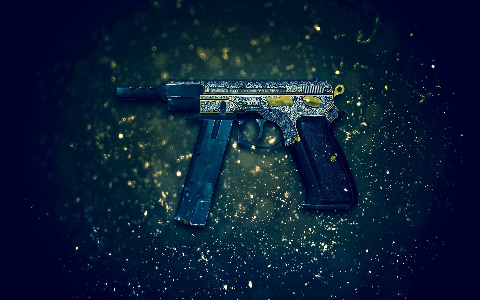 A detailed HD desktop wallpaper featuring a stylized handgun against a shimmering background, inspired by Counter-Strike: Global Offensive.