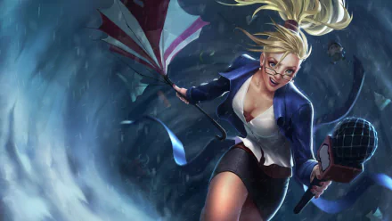 A dynamic HD wallpaper featuring Janna from League of Legends, showcasing her in a powerful pose with an umbrella and a determined expression against a stormy background.