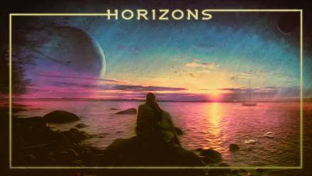 A couple sits by a serene lake at sunset, surrounded by a fantasy landscape featuring a distant planet, evoking romance and adventure in a vibrant Sci-Fi setting. 