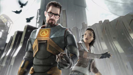 Gordon Freeman and Alyx Vance stand ready for action in this striking HD wallpaper from the video game Half-Life 2, showcasing their iconic characters against a dynamic backdrop.