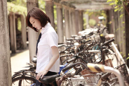 bicycle school uniform asian woman Lín Yǔ HD Desktop Wallpaper | Background Image
