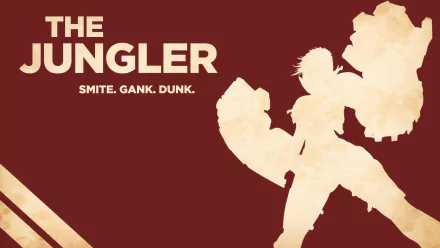 HD desktop wallpaper featuring Vi from League of Legends with bold text The Jungler and action words Smite. Gank. Dunk. in a striking red and beige design.