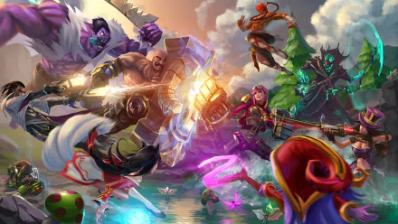 HD desktop wallpaper featuring League of Legends champions: Thresh, Teemo, Lulu, Lee Sin, Caitlyn, Ahri, Lucian, Dr. Mundo, Braum, and Vi in a vibrant, action-packed scene.