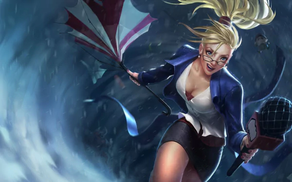 A dynamic HD wallpaper featuring Janna from League of Legends, showcasing her in a powerful pose with an umbrella and a determined expression against a stormy background.