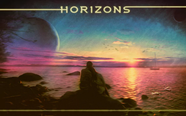 A couple sits by a serene lake at sunset, surrounded by a fantasy landscape featuring a distant planet, evoking romance and adventure in a vibrant Sci-Fi setting. 