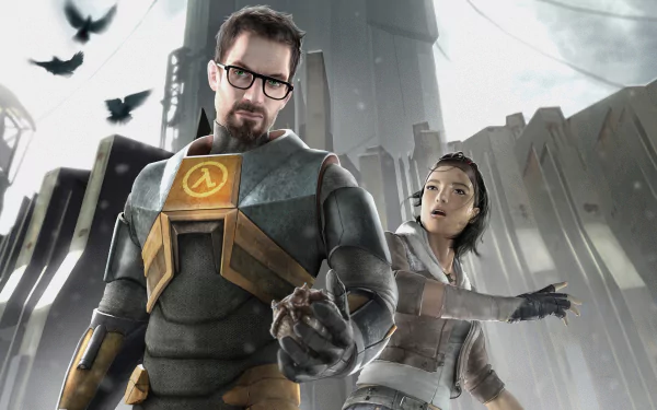 Gordon Freeman and Alyx Vance standing together in a striking HD desktop wallpaper from the iconic video game Half-Life 2.