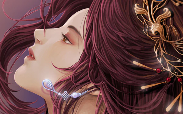 HD PC desktop wallpaper featuring Sona from League of Legends with flowing red hair and intricate golden hair accessories in a detailed video game art style.