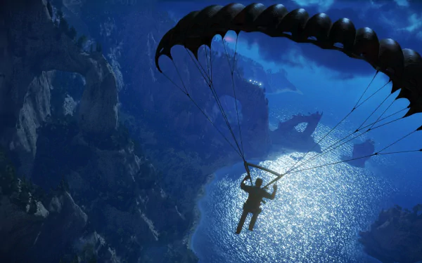 Rico Rodriguez from Just Cause 3 parachutes over a sunlit ocean and rugged cliffs in this HD PC desktop wallpaper from the video game.