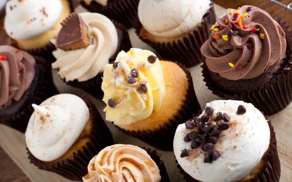 A vibrant 4K Ultra HD PC desktop wallpaper showcasing an assortment of richly decorated cupcakes with varied frosting and toppings.