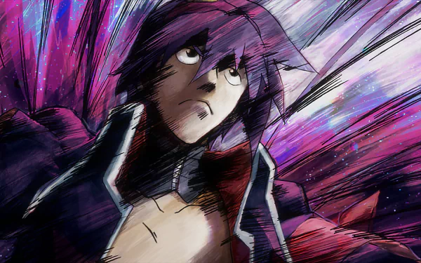 Simon (Tengen Toppa Gurren Lagann) anime HD PC desktop wallpaper/background: dramatic close-up of Simon with purple-pink energy streaks, torn jacket and determined upward gaze.